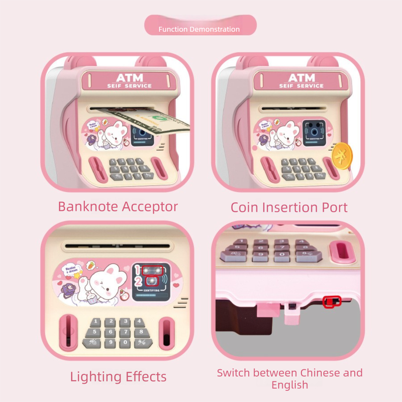 Pink Kids Electronic ATM Piggy Bank - Password Safe Box with Auto Scroll & Music - Educational Saving Toy V888-ELOSUNG36671