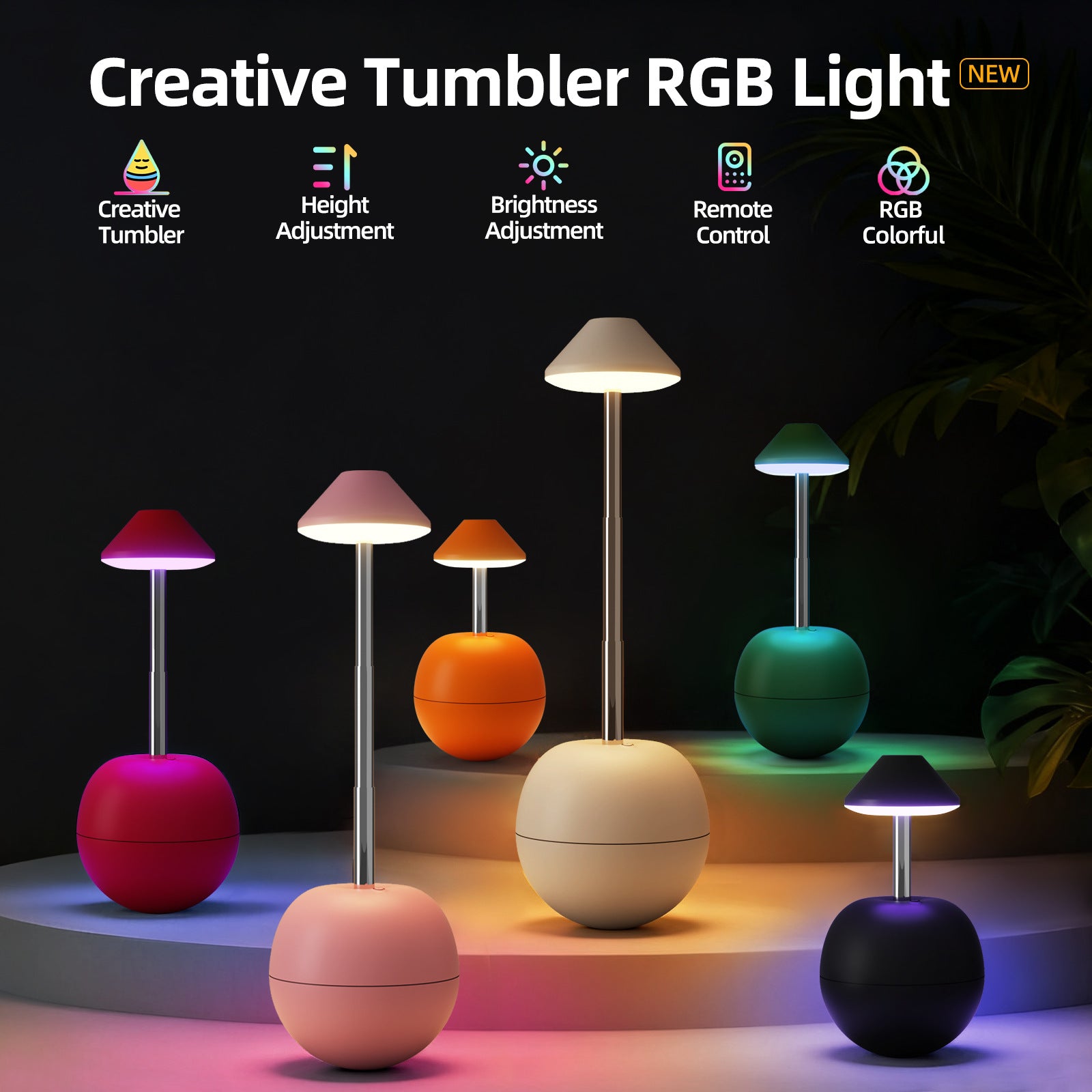 White Creative Tumbler LED Night Light - Rechargeable RGB Desk Lamp with Remote Control - Height Adjustable, V888-ELOSUNG36703