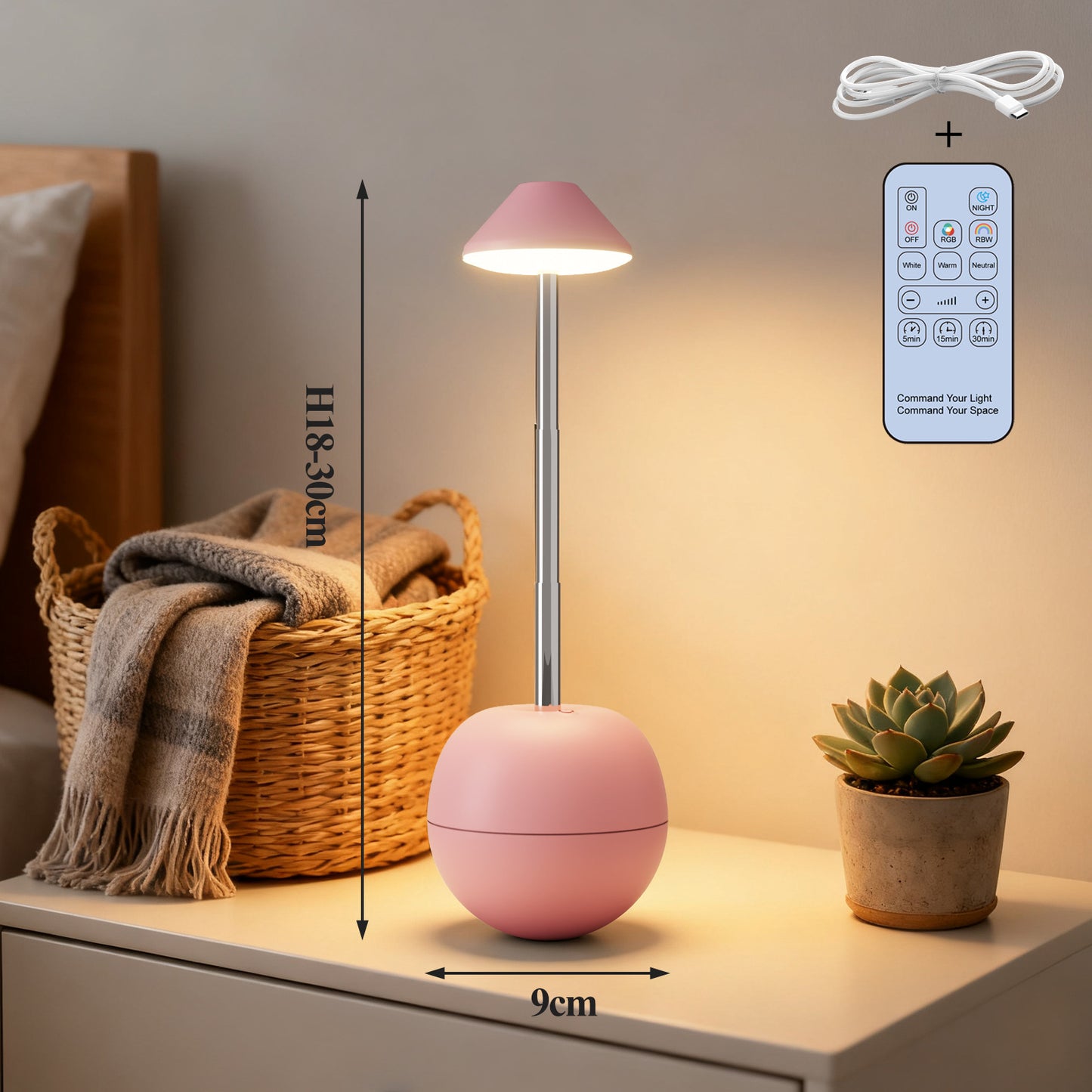 Pink Creative Tumbler LED Night Light - Rechargeable RGB Desk Lamp with Remote Control - Height Adjustable, V888-ELOSUNG36706