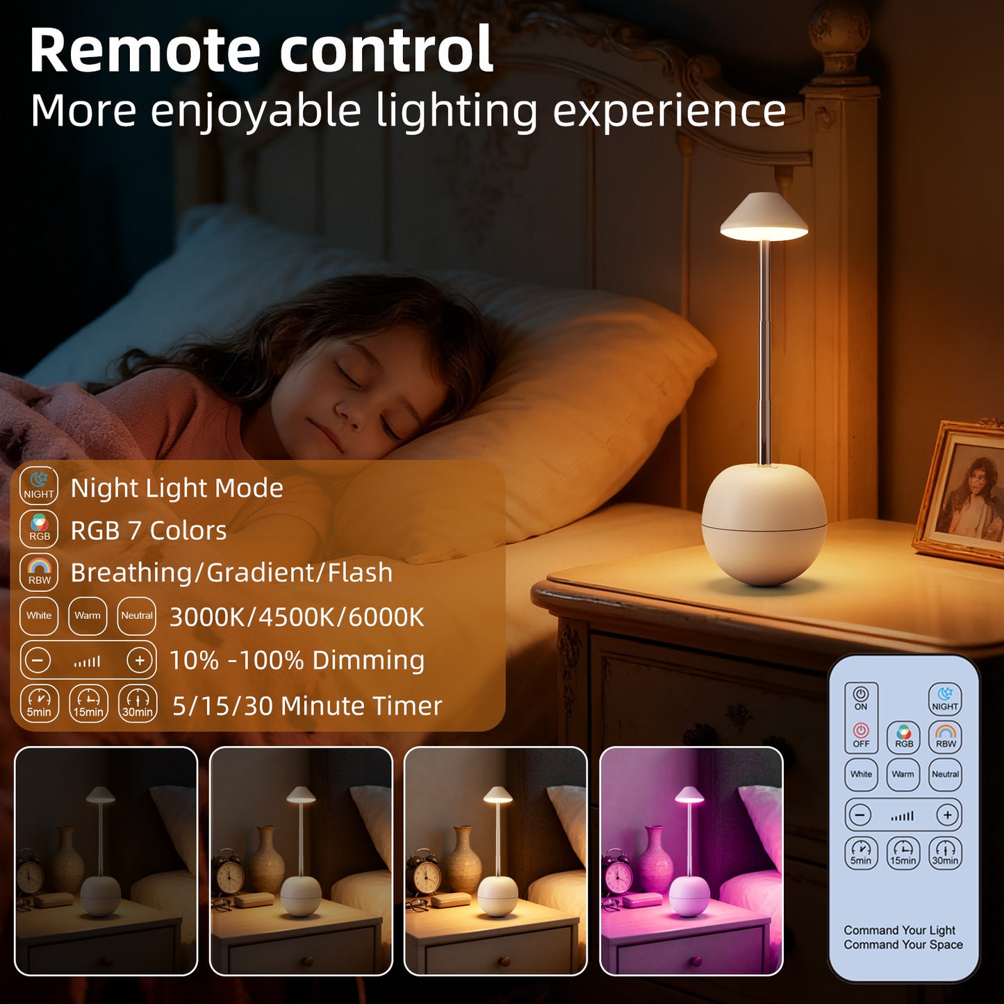 Pink Creative Tumbler LED Night Light - Rechargeable RGB Desk Lamp with Remote Control - Height Adjustable, V888-ELOSUNG36706