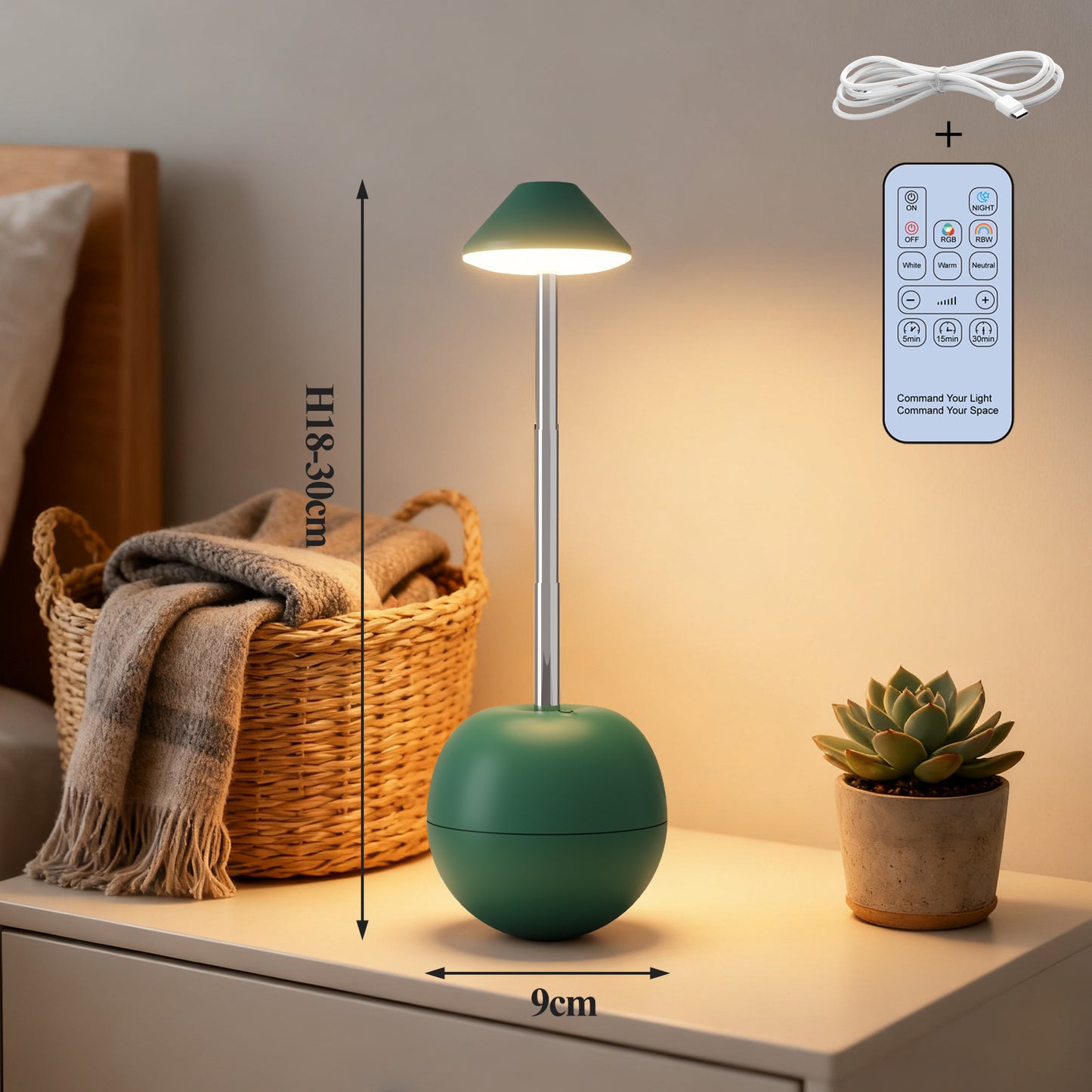 Green Creative Tumbler LED Night Light - Rechargeable RGB Desk Lamp with Remote Control - Height Adjustable, V888-ELOSUNG36708