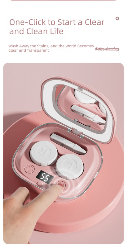 Pink Portable Sonic Wave Contact Lens Cleaner with LED Makeup Mirror - Automatic Electric Lens Cleaning Case V888-ELOSUNG36742