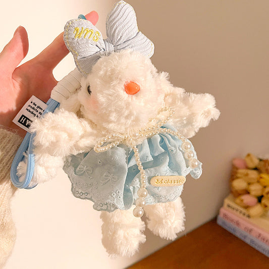 Blue Cute Floppy Eared Bunny Plush Doll with Pearl Necklace and Ribbon Dress - Adorable Keychain or Bag Charm V888-ELOSUNG36760