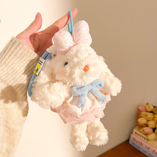 Light Pink Cute Floppy Eared Bunny Plush Doll with Pearl Necklace and Ribbon Dress - Adorable Keychain or Bag V888-ELOSUNG36761