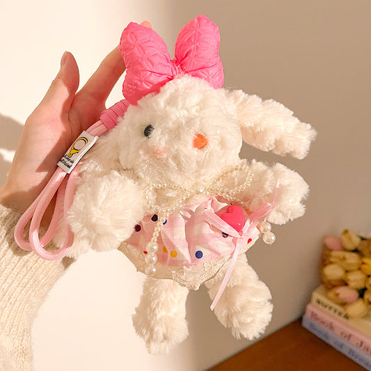 Pink Cute Floppy Eared Bunny Plush Doll with Pearl Necklace and Ribbon Dress - Adorable Keychain or Bag Charm V888-ELOSUNG36762