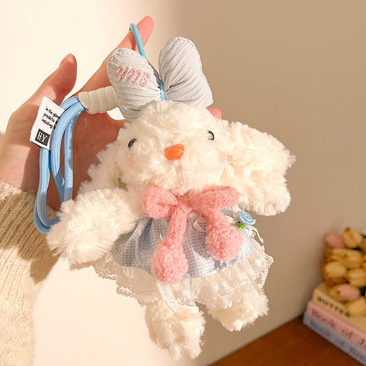 Blue and Pink Cute Floppy Eared Bunny Plush Doll with Pearl Necklace and Ribbon Dress - Adorable Keychain or V888-ELOSUNG36763
