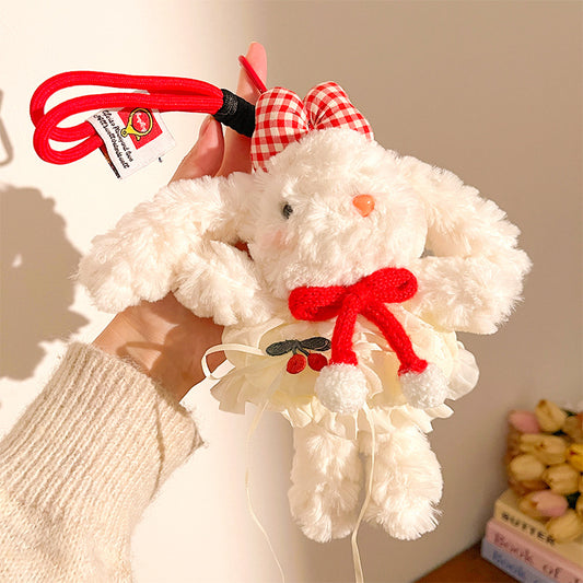 Red Cute Floppy Eared Bunny Plush Doll with Pearl Necklace and Ribbon Dress - Adorable Keychain or Bag Charm V888-ELOSUNG36764