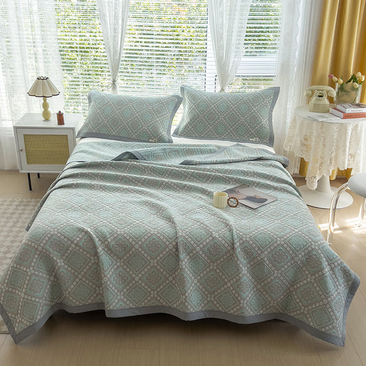 Grey and Green Cotton Three-Layer Gauze Bed Cover Set - Reversible Vintage Printed Blanket with Two V888-ELOSUNG36768
