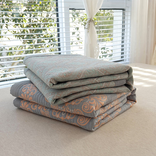 Grey and Green Cotton Three-Layer Gauze Bed Cover Set - Reversible Vintage Printed Blanket with Two V888-ELOSUNG36770