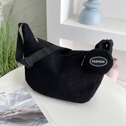 Black Minimalist Corduroy Crossbody Bag - Large Capacity Single Shoulder & Diagonal Sling Bag in Korean Style V888-ELOSUNG36813