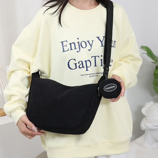 Black Minimalist Corduroy Crossbody Bag - Large Capacity Single Shoulder & Diagonal Sling Bag in Korean Style V888-ELOSUNG36813