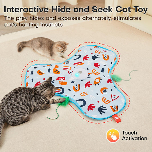 Blue Interactive Cat Toys Rechargeable,Moving Concealed Feathers,Real Mouse Squeaky,Touch Activated Cat V888-ELOSUNG36827