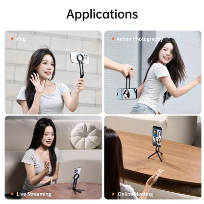 Silver Magnetic Phone Stand with Foldable Tripod & Carabiner Hook - Multi-Functional, Portable Smartphone V888-ELOSUNG36850