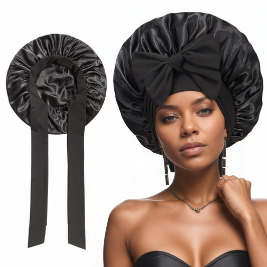 2 Pcs Black Double-Layer Satin Hair Cap with Ribbon Bow - Premium Silk-Like Beauty & Hair Protection Hat V888-ELOSUNG36862