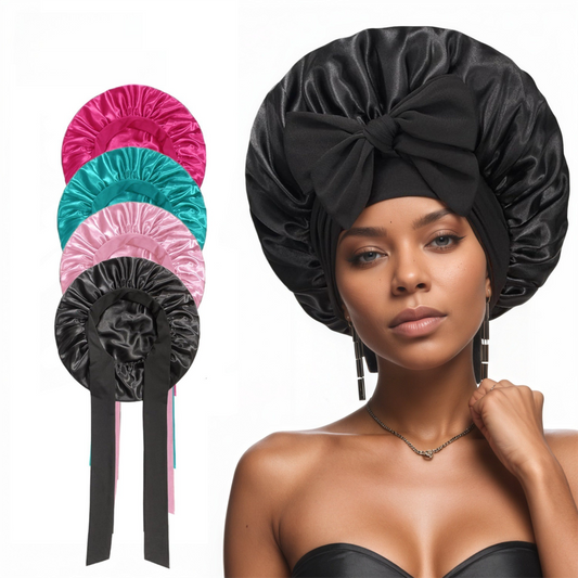 2 Pcs Black Double-Layer Satin Hair Cap with Ribbon Bow - Premium Silk-Like Beauty & Hair Protection Hat V888-ELOSUNG36862