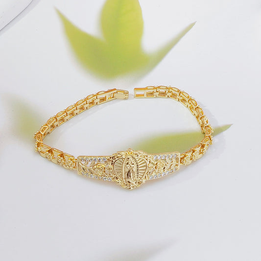 Elegant Hollow Floral Geometric Bracelet - Gold-Plated Copper Fashion Jewelry with Delicate Chain Design(R80) V888-ELOSUNG36880