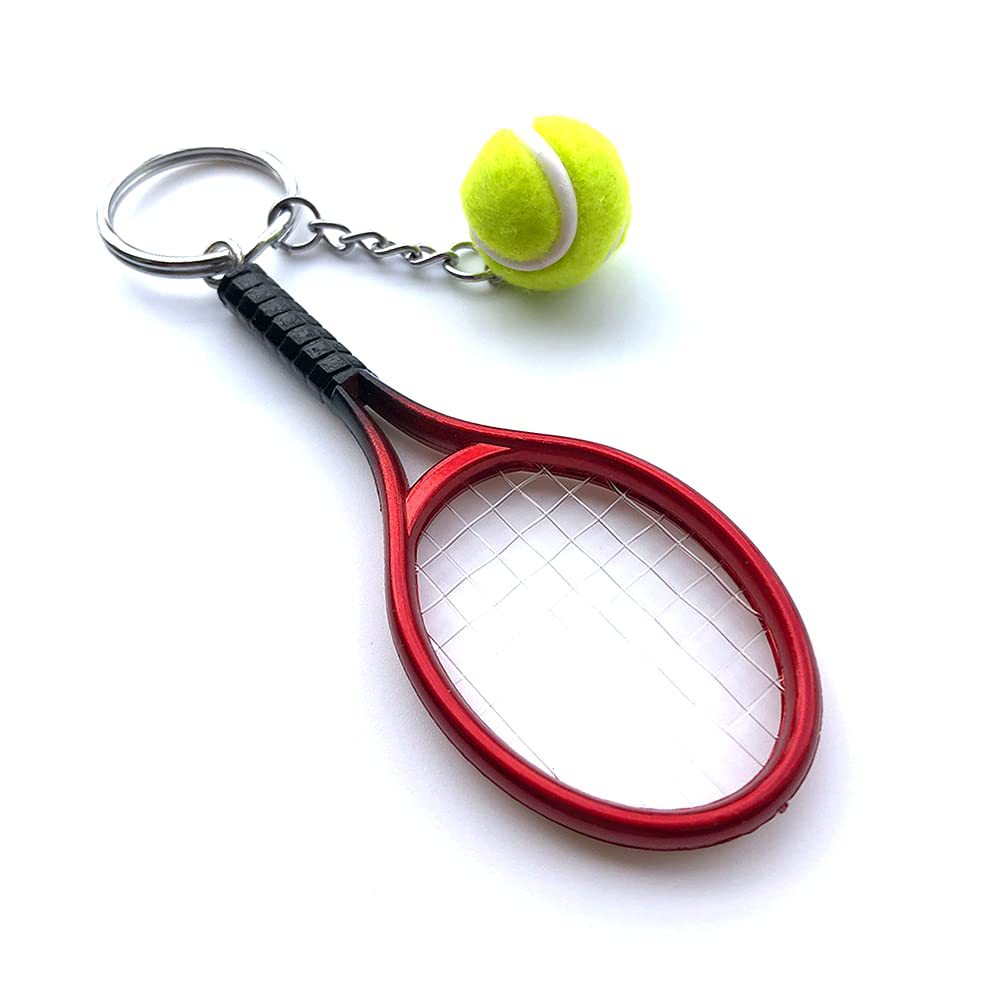 Red Simulation Tennis Racket Keychain - Mini Tennis Racket and Ball Pendant, 3-Pack V888-ELOSUNG36934
