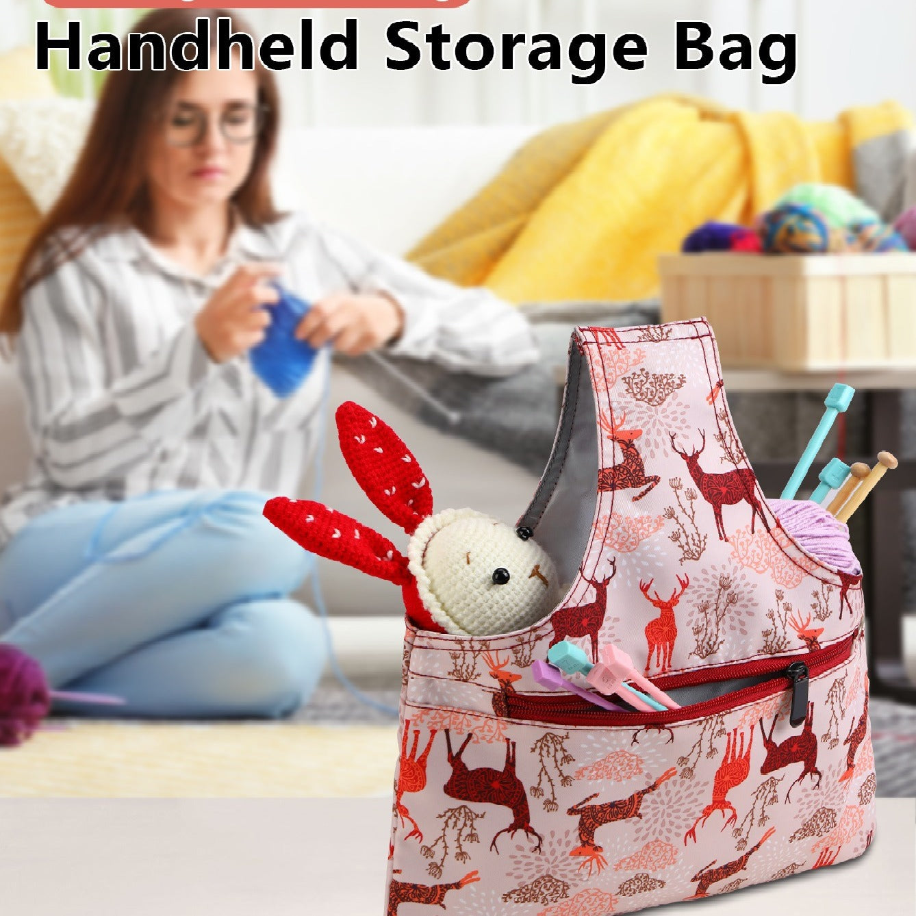 Pink Knitting Storage Tote Bag - Deer Pattern Craft Organizer with Zippered Pockets V888-ELOSUNG36946