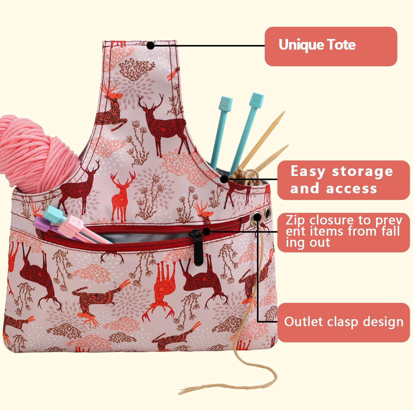 Pink Knitting Storage Tote Bag - Deer Pattern Craft Organizer with Zippered Pockets V888-ELOSUNG36946
