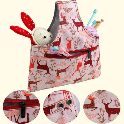 Pink Knitting Storage Tote Bag - Deer Pattern Craft Organizer with Zippered Pockets V888-ELOSUNG36946