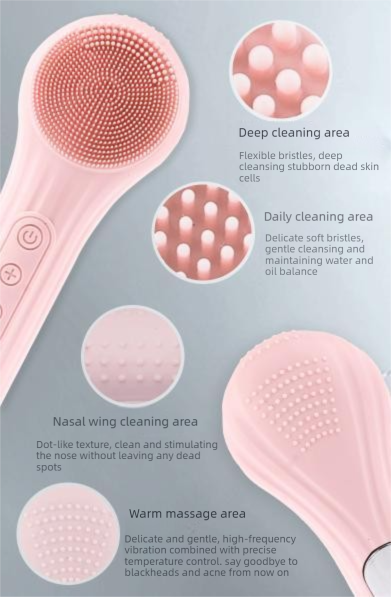 Pink Multi-Functional Silicone Facial Cleansing Brush - Ultrasonic & Heat Infusion Beauty Device V888-ELOSUNG36955