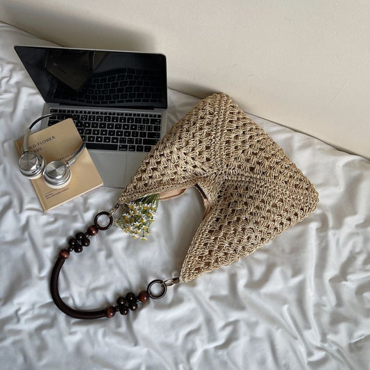 Beige Stylish Hand-Woven Paper Rope Bag - Boho Crochet Tote for Summer & Travel V888-ELOSUNG36958