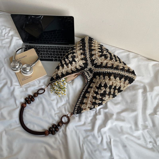 Beige and Black Stylish Hand-Woven Paper Rope Bag - Boho Crochet Tote for Summer & Travel V888-ELOSUNG36960