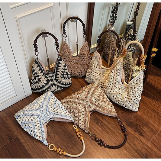 Beige and Black Stylish Hand-Woven Paper Rope Bag - Boho Crochet Tote for Summer & Travel V888-ELOSUNG36960