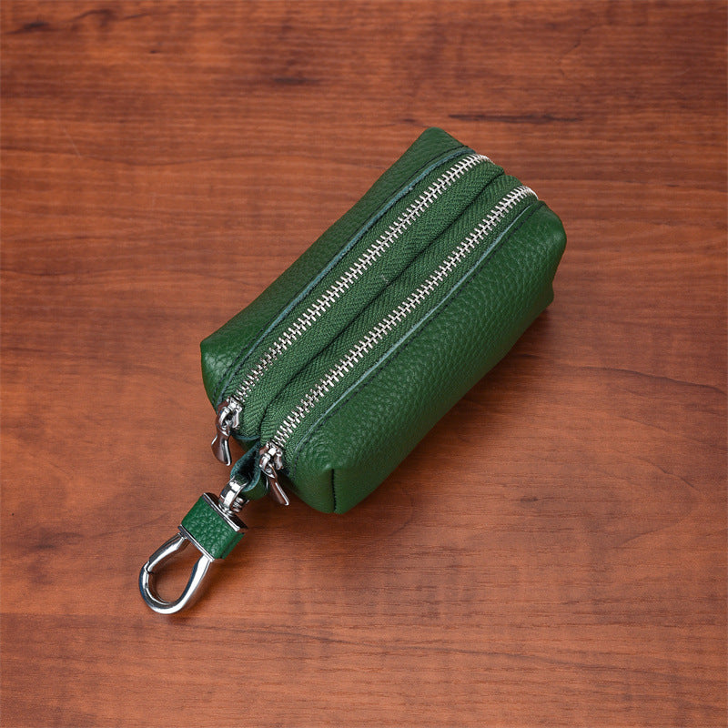 Green High-Quality Genuine Leather Key Case - Double-Layer Zippered Organizer for Keys, Cards & Coins V888-ELOSUNG36967