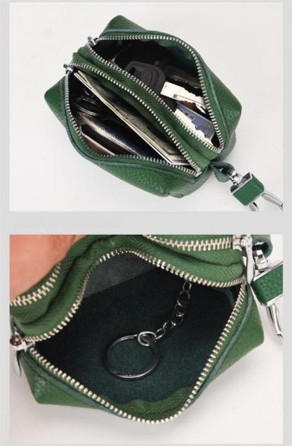Green High-Quality Genuine Leather Key Case - Double-Layer Zippered Organizer for Keys, Cards & Coins V888-ELOSUNG36967