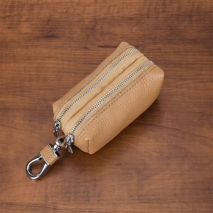Khaki High-Quality Genuine Leather Key Case - Double-Layer Zippered Organizer for Keys, Cards & Coins V888-ELOSUNG36969