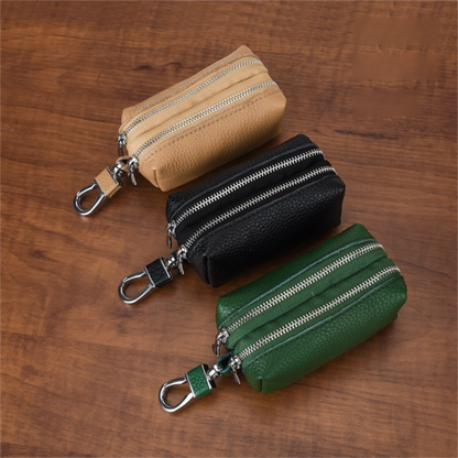 Khaki High-Quality Genuine Leather Key Case - Double-Layer Zippered Organizer for Keys, Cards & Coins V888-ELOSUNG36969
