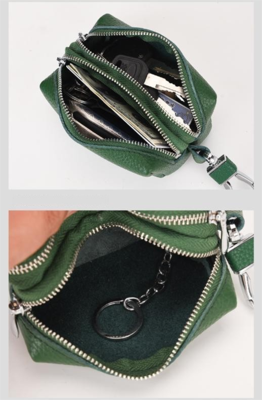 Khaki High-Quality Genuine Leather Key Case - Double-Layer Zippered Organizer for Keys, Cards & Coins V888-ELOSUNG36969