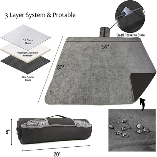 Black and Grey 3-Layer Waterproof Outdoor Blanket - Portable, All-Weather Picnic & Camping Mat with Storage V888-ELOSUNG36977