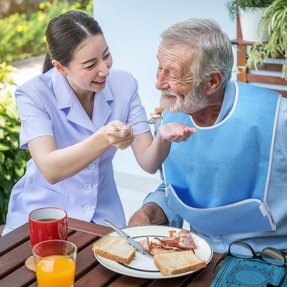 Blue Anti-Stain Feeding Apron with Pocket - Adjustable Care Bib for Elderly & Disabled Adults (2-Pack) V888-ELOSUNG36978
