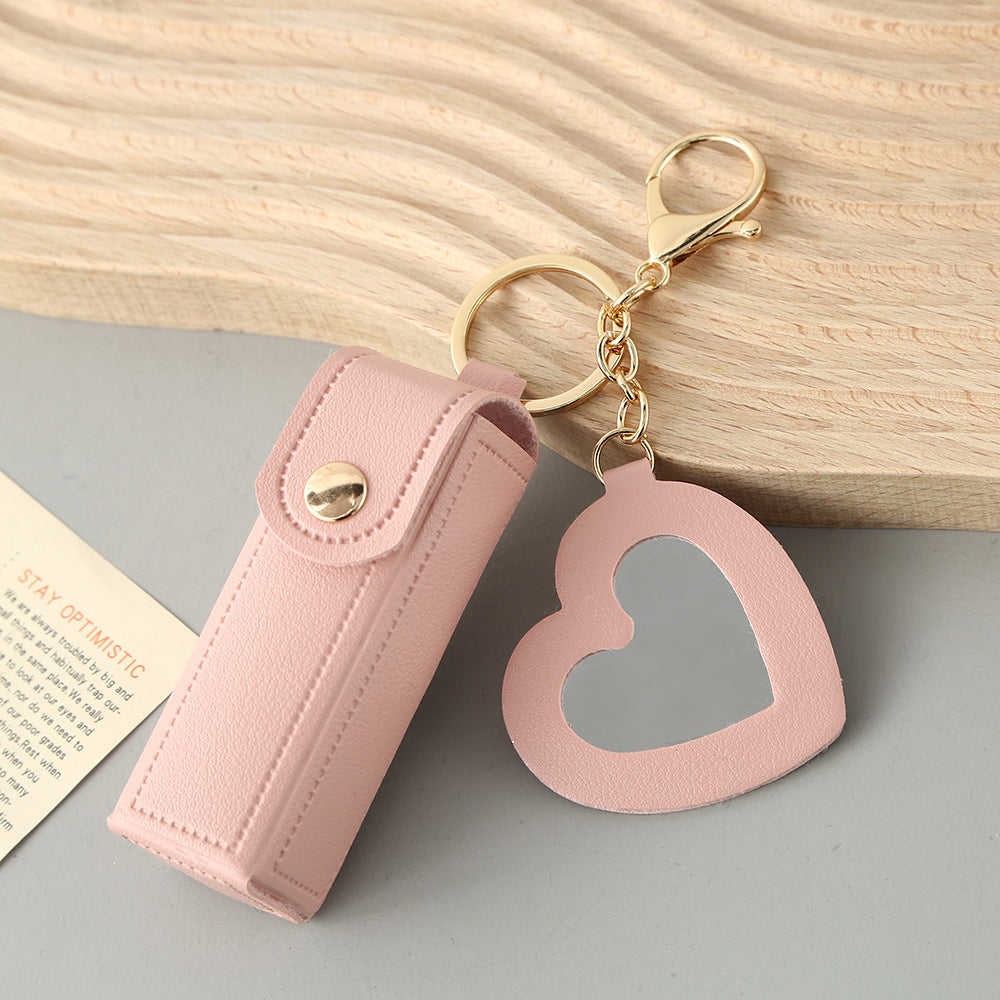 Pink Portable Lipstick Case with Heart Mirror & Keychain - Cute PU Leather Holder (3-Pack) V888-ELOSUNG36981