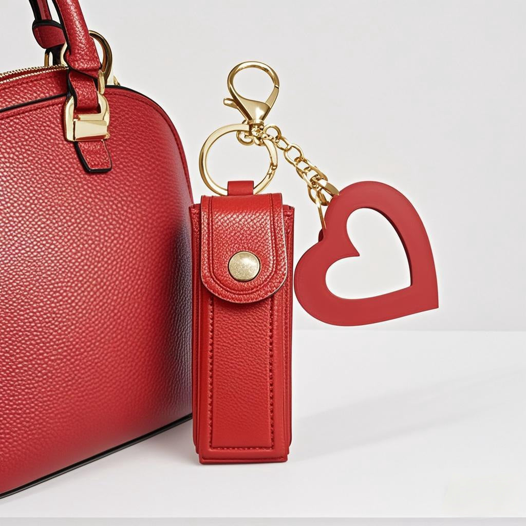 Pink Portable Lipstick Case with Heart Mirror & Keychain - Cute PU Leather Holder (3-Pack) V888-ELOSUNG36981