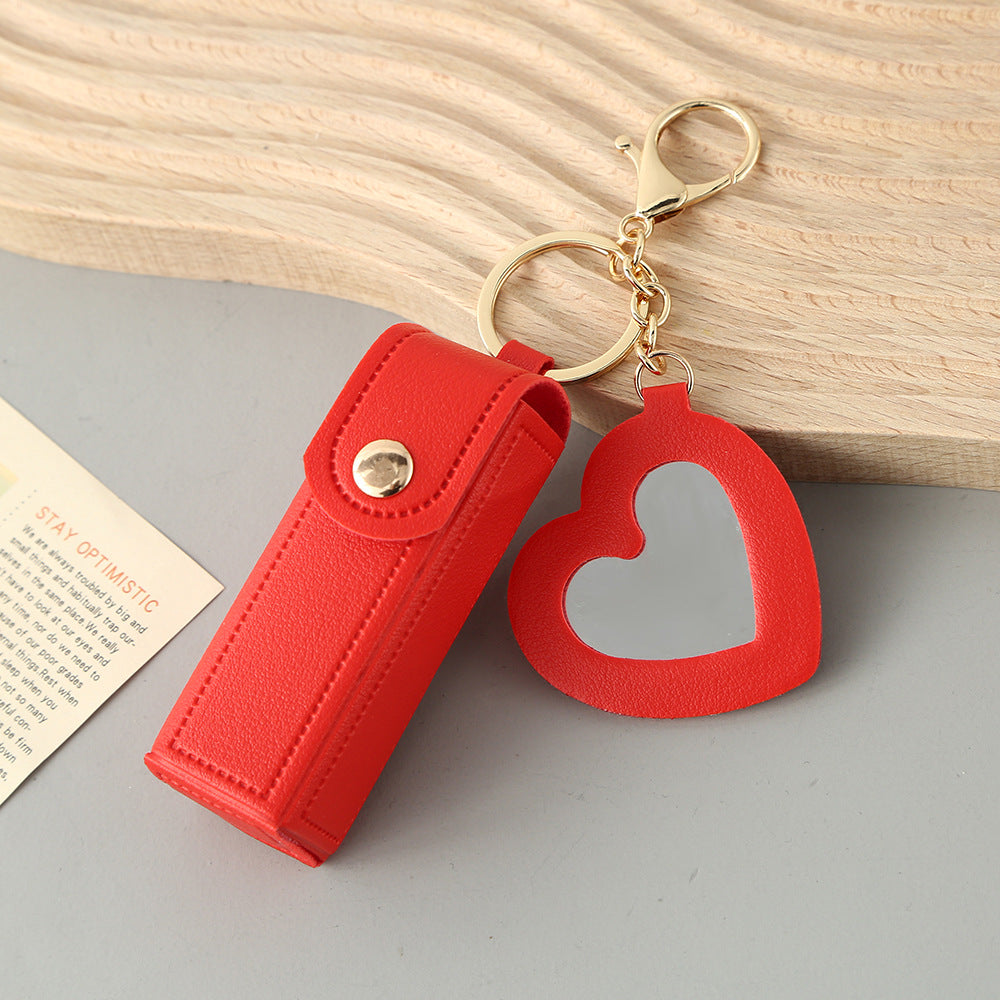 Red Portable Lipstick Case with Heart Mirror & Keychain - Cute PU Leather Holder (3-Pack) V888-ELOSUNG36984