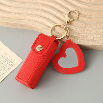 Red Portable Lipstick Case with Heart Mirror & Keychain - Cute PU Leather Holder (3-Pack) V888-ELOSUNG36984