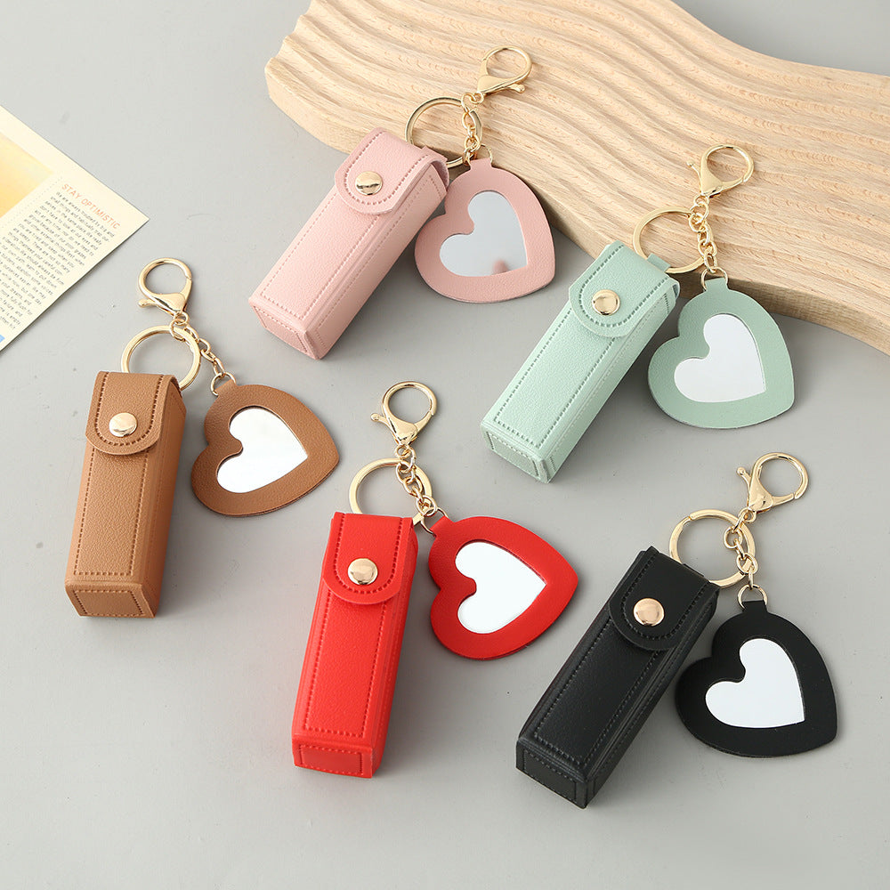 Red Portable Lipstick Case with Heart Mirror & Keychain - Cute PU Leather Holder (3-Pack) V888-ELOSUNG36984