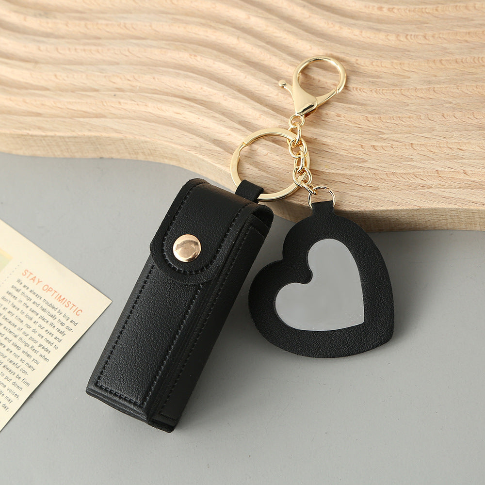 Black Portable Lipstick Case with Heart Mirror & Keychain - Cute PU Leather Holder (3-Pack) V888-ELOSUNG36985