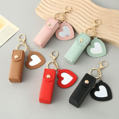 Black Portable Lipstick Case with Heart Mirror & Keychain - Cute PU Leather Holder (3-Pack) V888-ELOSUNG36985