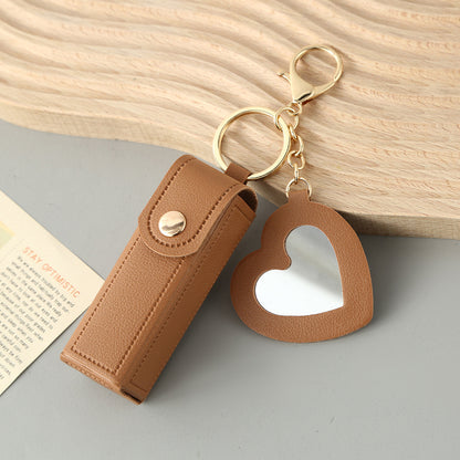 Brown Portable Lipstick Case with Heart Mirror & Keychain - Cute PU Leather Holder (3-Pack) V888-ELOSUNG36986