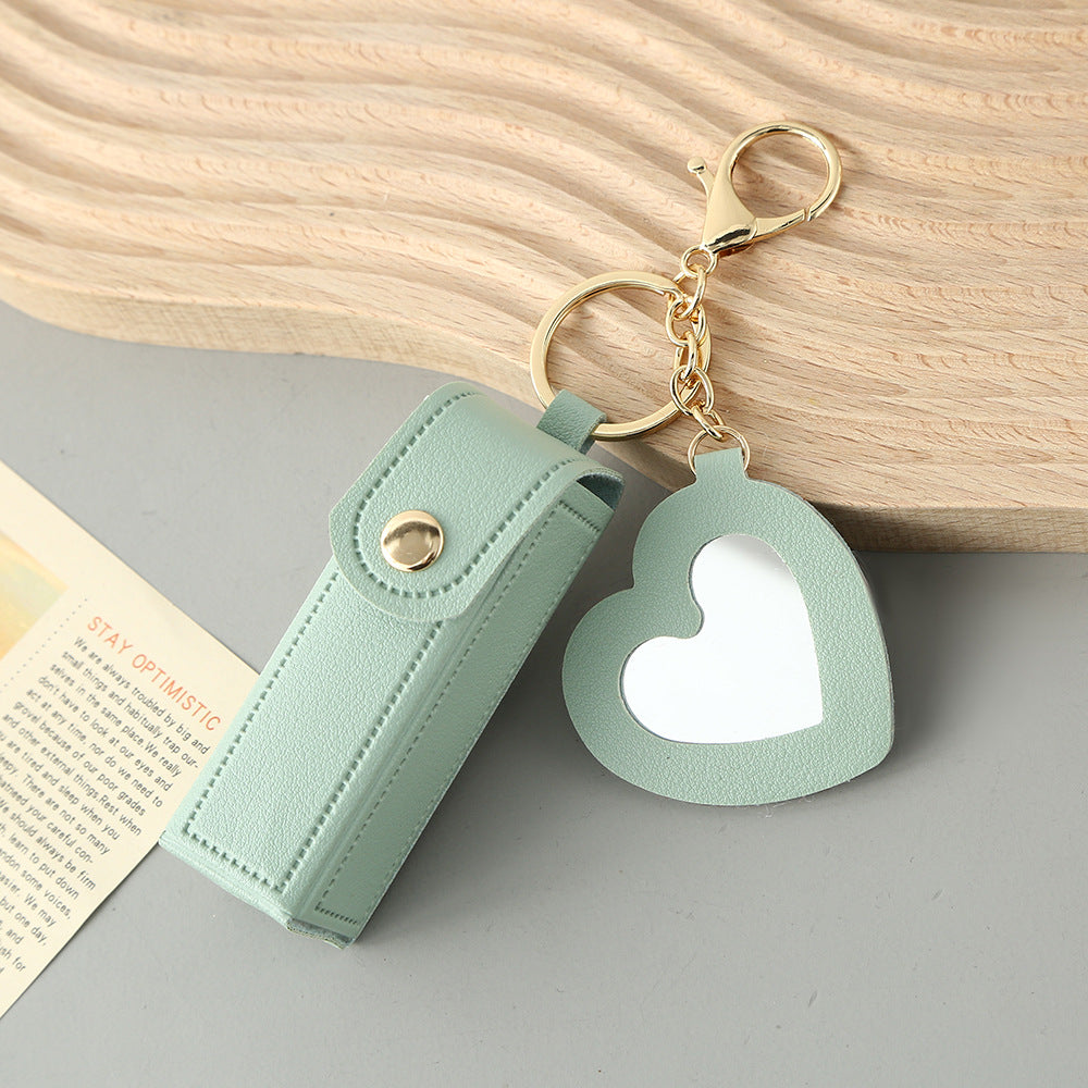 Green Portable Lipstick Case with Heart Mirror & Keychain - Cute PU Leather Holder (3-Pack) V888-ELOSUNG36987