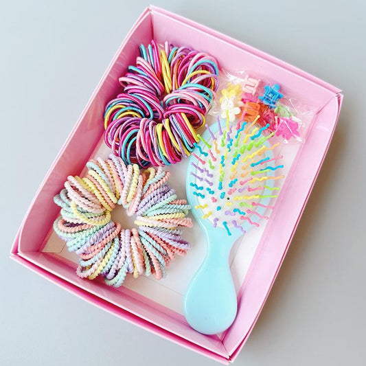 Style 1 Boxed Hair Tie Set with Pink Rubber Bands, Cute Hair Accessories & Mini Comb - Perfect Gift for Girls V888-ELOSUNG36988