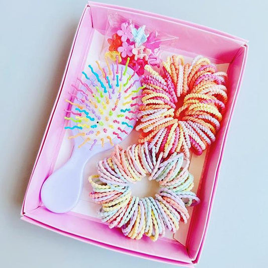Style 4 Boxed Hair Tie Set with Pink Rubber Bands, Cute Hair Accessories & Mini Comb - Perfect Gift for Girls V888-ELOSUNG36991