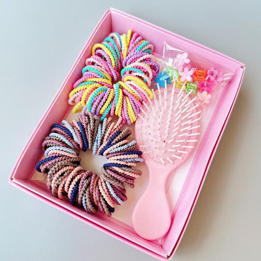 Style 5 Boxed Hair Tie Set with Pink Rubber Bands, Cute Hair Accessories & Mini Comb - Perfect Gift for Girls V888-ELOSUNG36992