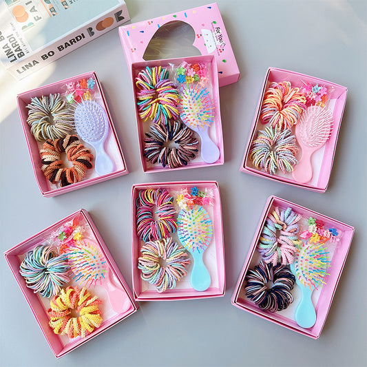 Style 5 Boxed Hair Tie Set with Pink Rubber Bands, Cute Hair Accessories & Mini Comb - Perfect Gift for Girls V888-ELOSUNG36992