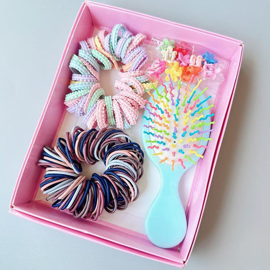 Style 6 Boxed Hair Tie Set with Pink Rubber Bands, Cute Hair Accessories & Mini Comb - Perfect Gift for Girls V888-ELOSUNG36993