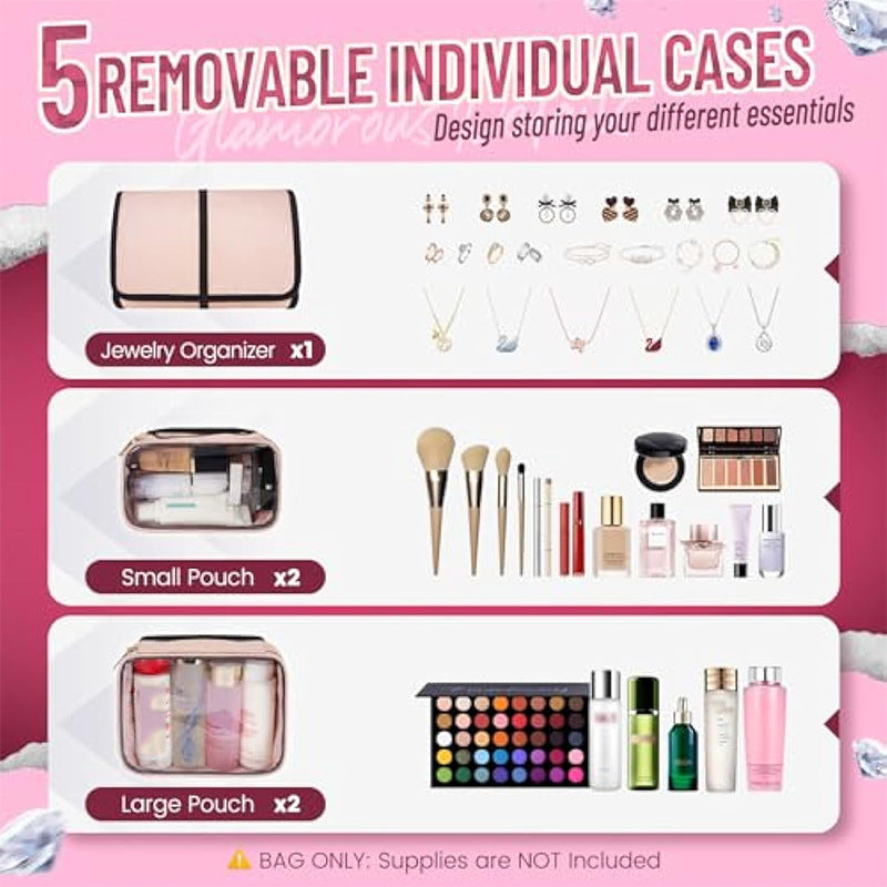 Large Capacity Travel Makeup Backpack with 5 Removable Organizer Cases & Jewelry Roll(pink) V888-ELOSUNG37003